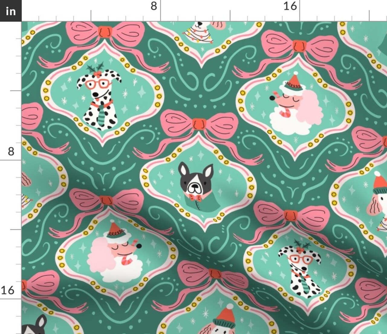 Christmas Damask Furry Friends Pets Dogs Christmas Ornaments Festive Dalmatian Poodle Terrier Cute Christmas Baubles Festive Pets Green Pink Custom Printed Fabric by Spoonflower Various Fabrics by the Yard or Fat Quarter